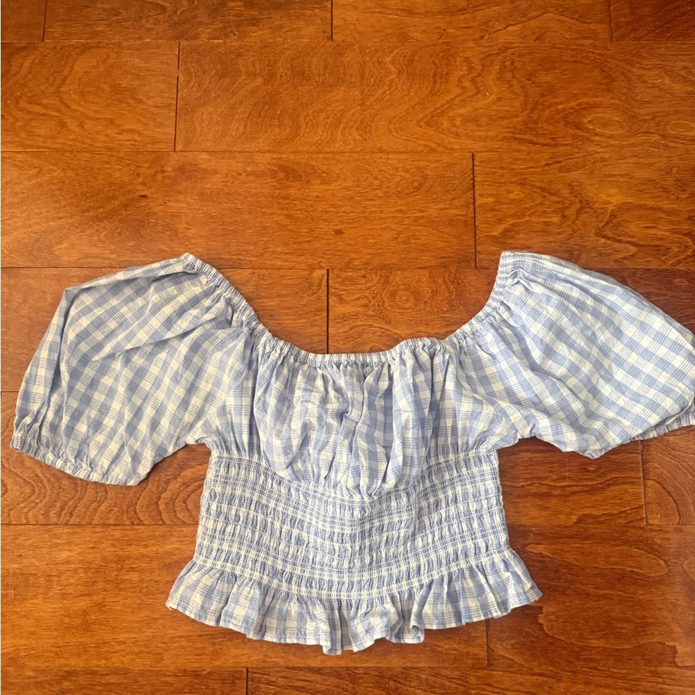 Japna Light Blue Checkered Off-Shoulder Blouse